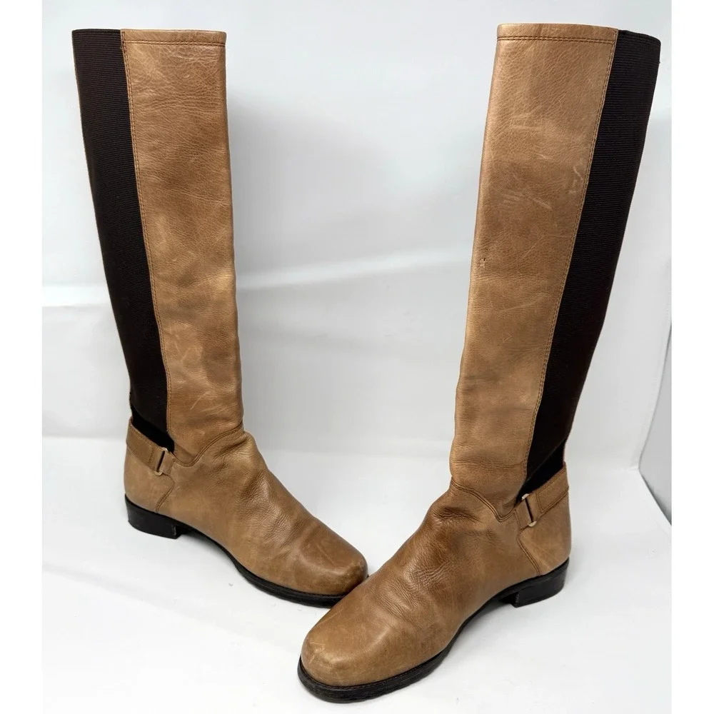 Stuart Weitzman Tall Riding Boots Womens 9.5M Tan Leather‎ Stretch Knee High
